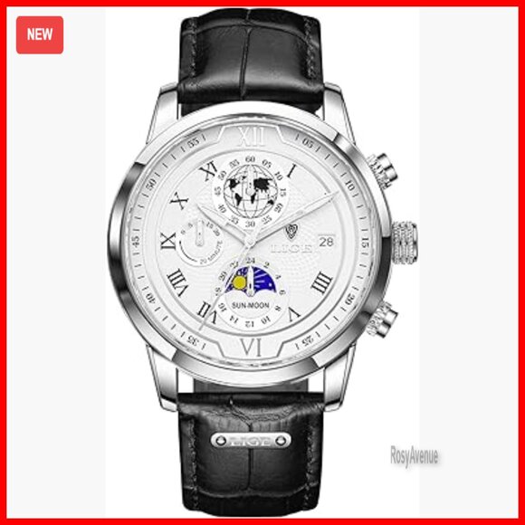 Men's Vintage Leather Watch with Date Moon Phase Water Resistant
